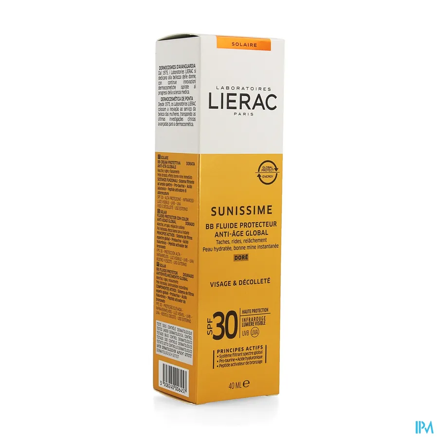 packshot van Lierac Sunissime Beschermende Goudkleurige Anti-Ageing BB Zonnefluide met SPF 30 voor Gelaat en Decolleté Tube 40 ml