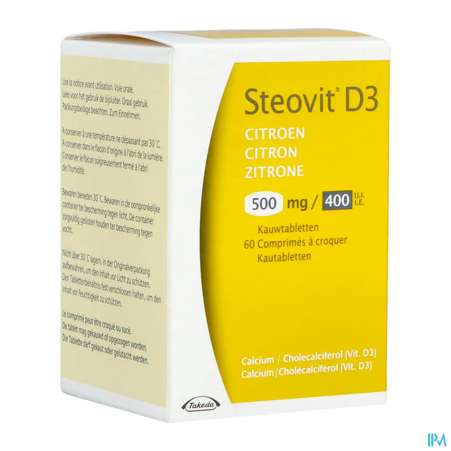 packshot van Steovit D3 500 mg Calcium + 400 IE Vitamine D3 met Citroensmaak 60 Kauwtabletten