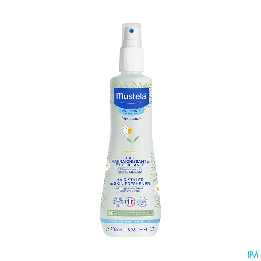 packshot van Mustela Baby en Kind Verfrissend Water voor Haar en Lichaam voor Normale Huid 200 ml