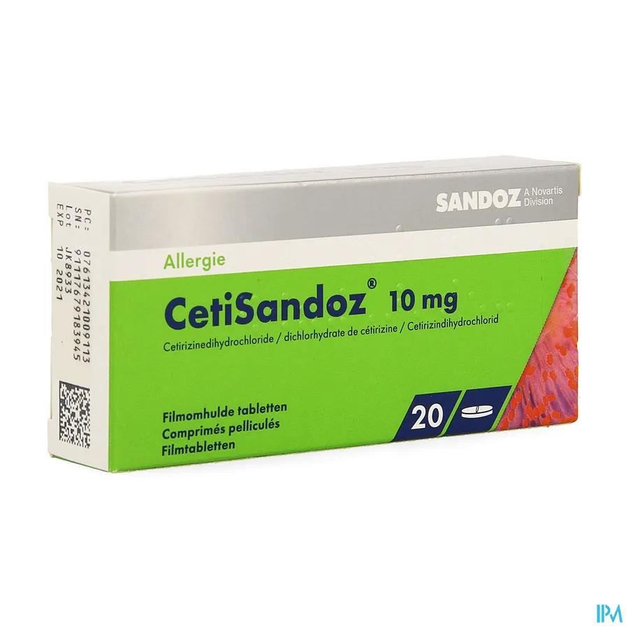packshot van Cetirizine Sandoz 10 mg 20 tabletten