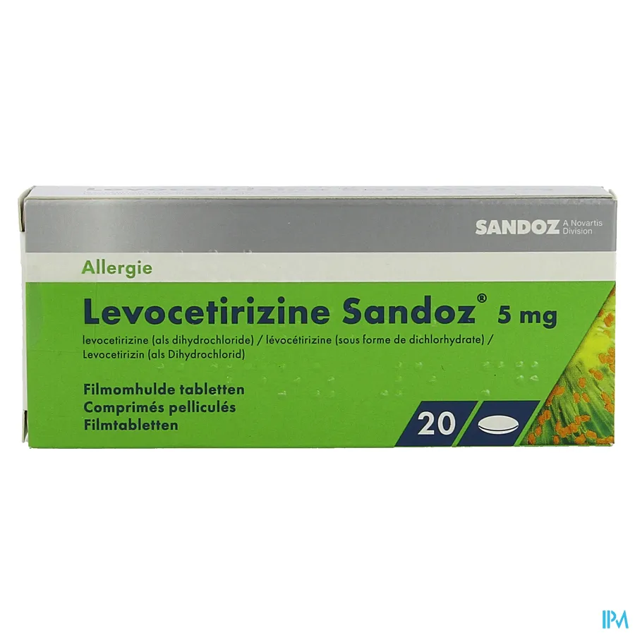 packshot van Levocetirizine Sandoz 5 mg 20 tabletten