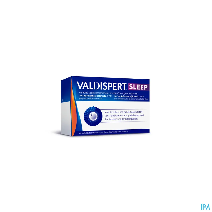 packshot van Valdispert Sleep voor Verbetering van de Slaapkwaliteit  met 125 mg Valeriaan + 250 mg Passiebloem 40 Tabletten