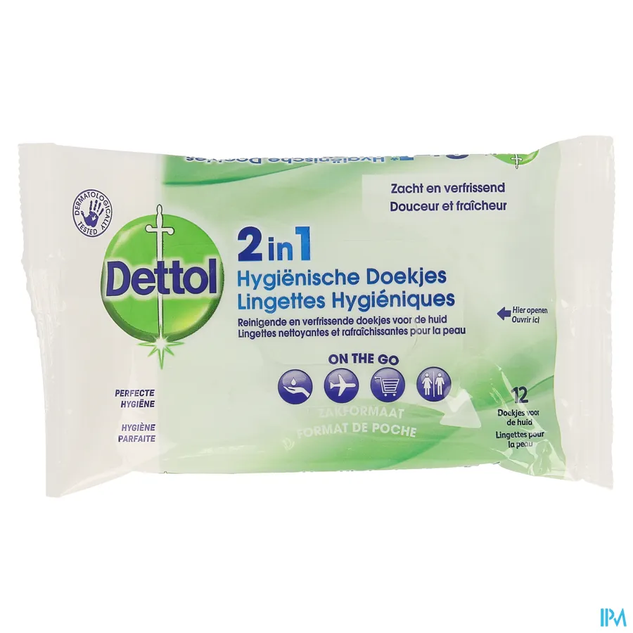 packshot van Dettol 2-in-1 Hygiënische Doekjes 12 stuks