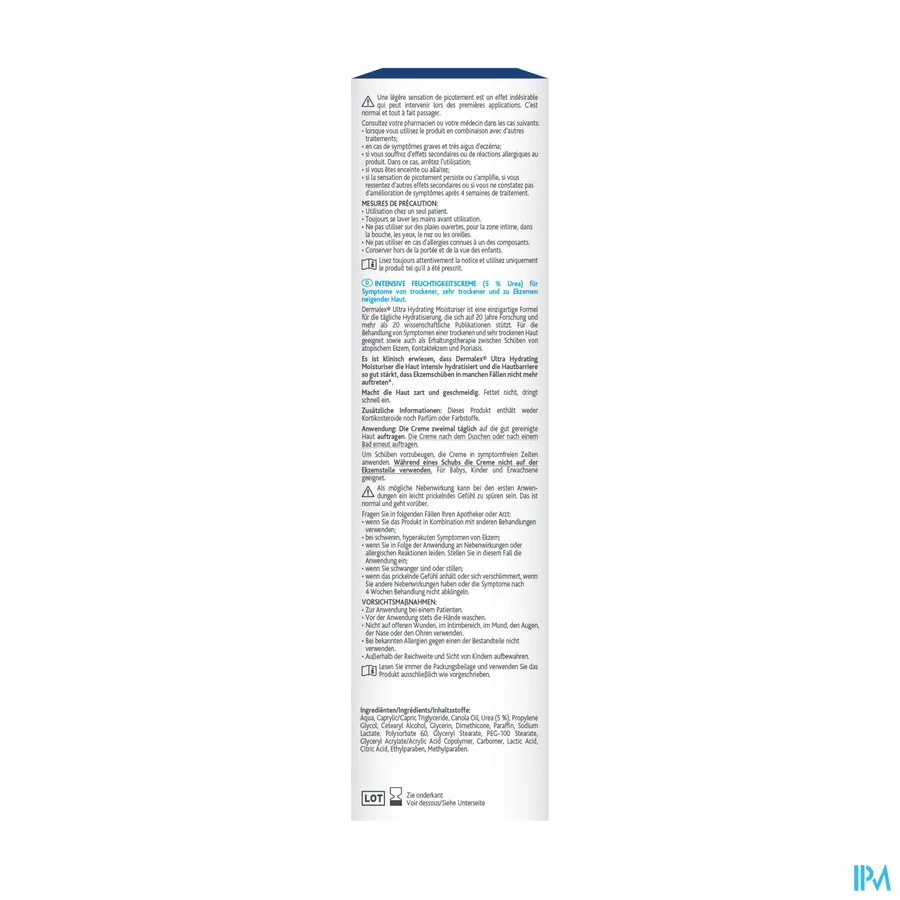 packshot van Dermalex Intensief Hydraterende Crème -voor Behandeling van Droogheid, Jeuk en Irritatie- voor Droge tot Zeer Droge en Atopische Huid Zonder Parfum Tube 200 g