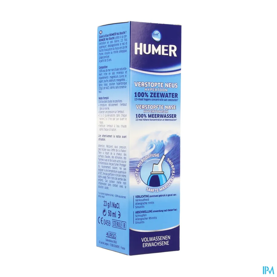 packshot van Humer tegen Verstopte Neus met Hypertoon Zeewater voor Volwassenen Spray 50 ml