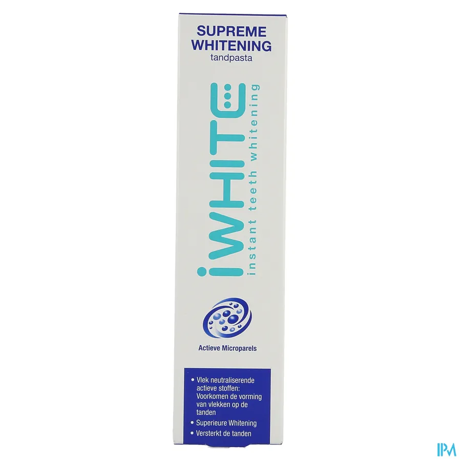 packshot van I White Supreme Whitening Tandpasta met Actieve Mircroparels met Vlek Neutraliserende Actieve Stoffen ter Preventie van Vlekvorming op de Tanden Tube 75 ml