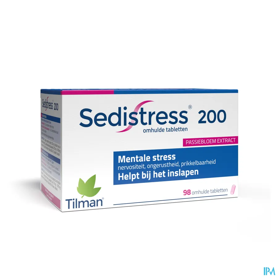 packshot van Sedistress 200 tegen Mentale Stress en Helpt bij Inslapen met Passiebloemextract 98 Tabletten