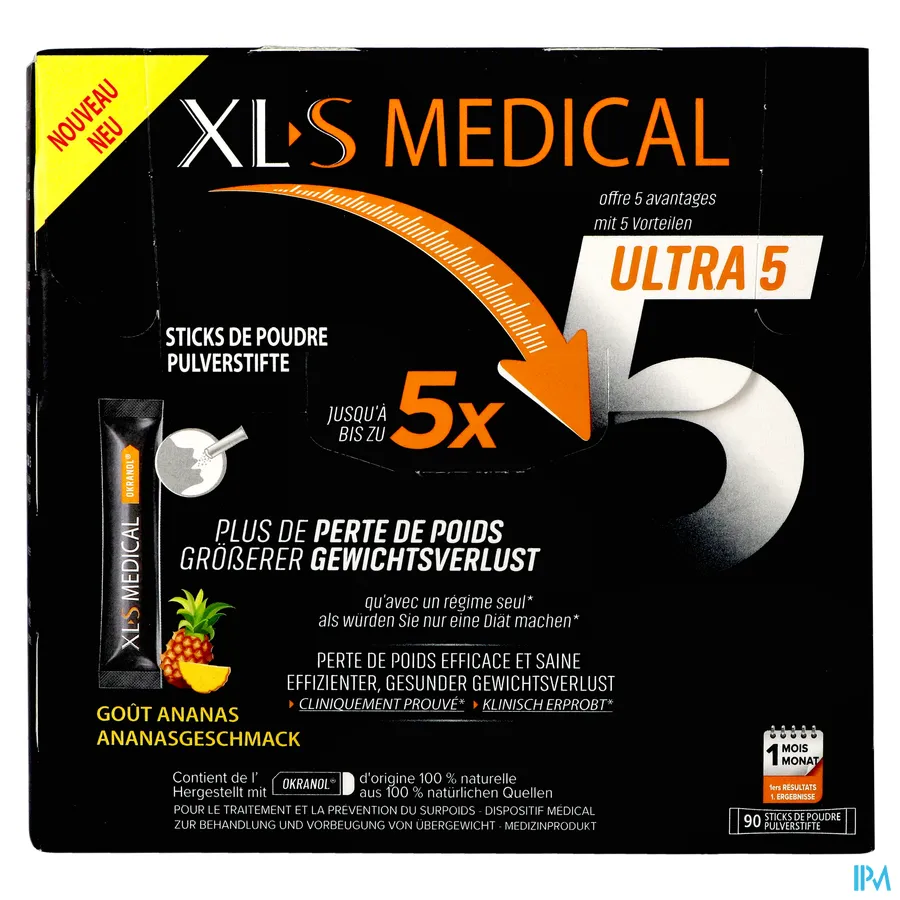 packshot van XLS Medical Ultra 5 voor Efficiënt en Gezond Gewichtsverlies 90 Poedersticks met Ananassmaak