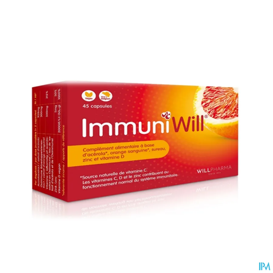 packshot van ImmuniWill -Voedingssupplement op Basis van Acerola, Bloedappelsien, Vlierbes, Zink en Vitamine D- 45 Capsules