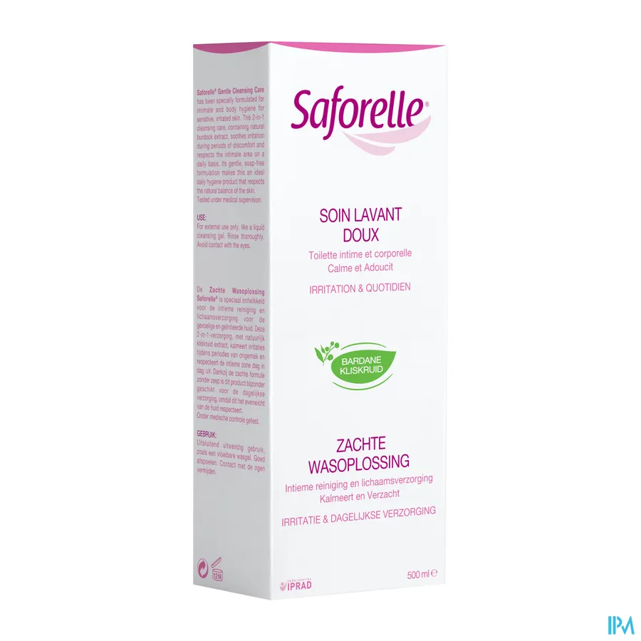 packshot van Saforelle Zachte Wasoplos. 500ml +inlegkruisjes 30
