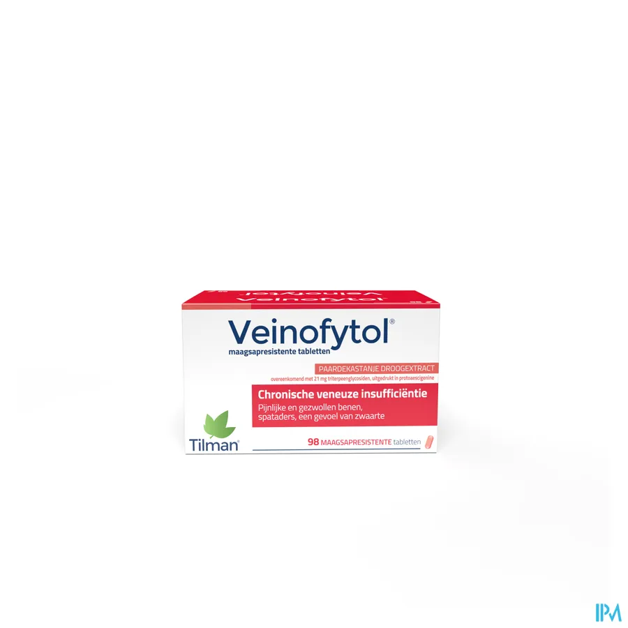 packshot van Veinofytol tegen Spataders en Zware en Gezwollen Benen met Paardekastanje Droogextract 98 Tabletten