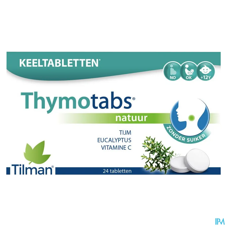 packshot van Thymotabs Natuur met Tijm en Eucalyptus en Vitamine C voor Keel Zonder Suiker 24 Zuigtabletten