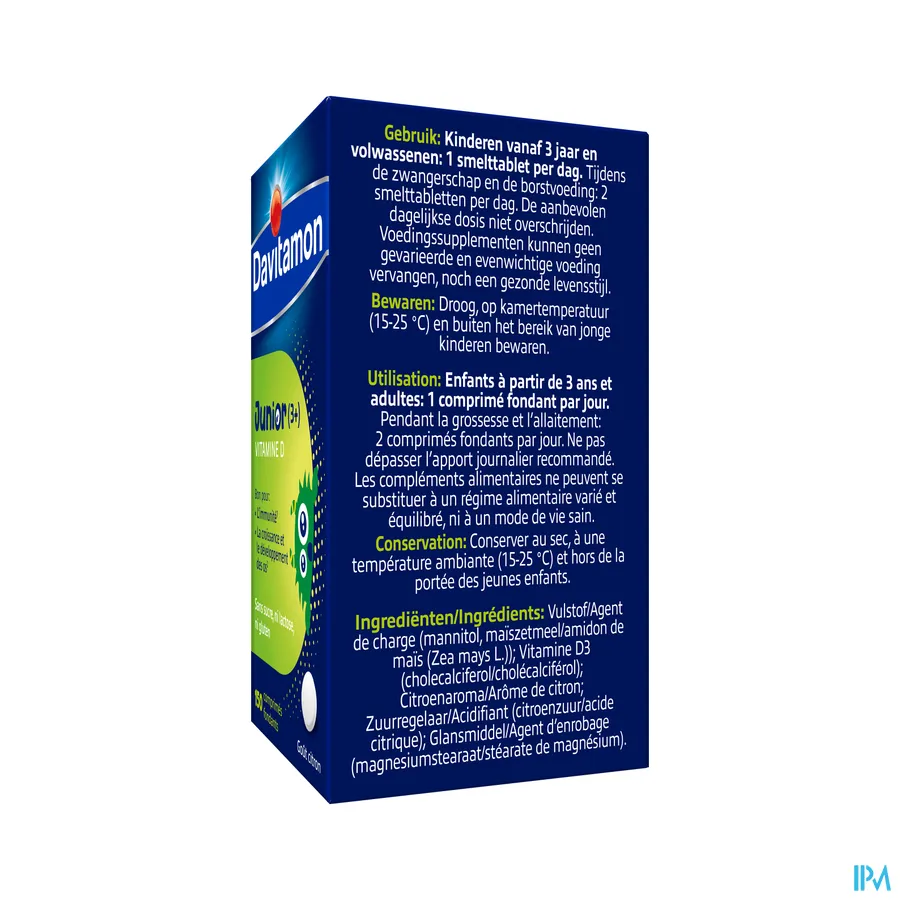 packshot van Davitamon Junior (3+) Vitamine D -Goed voor de Weerstand en de Groei en Ontwikkeling van de Botten- 150 Smelttabletten met Citroensmaak