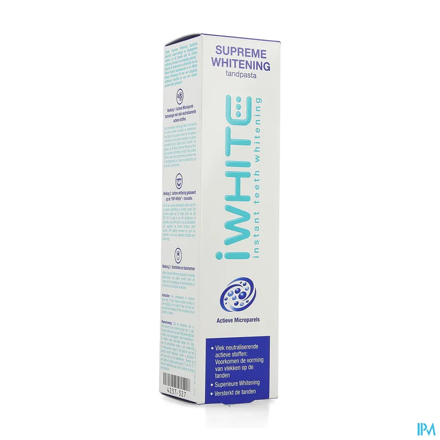 packshot van I White Supreme Whitening Tandpasta met Actieve Mircroparels met Vlek Neutraliserende Actieve Stoffen ter Preventie van Vlekvorming op de Tanden Tube 75 ml