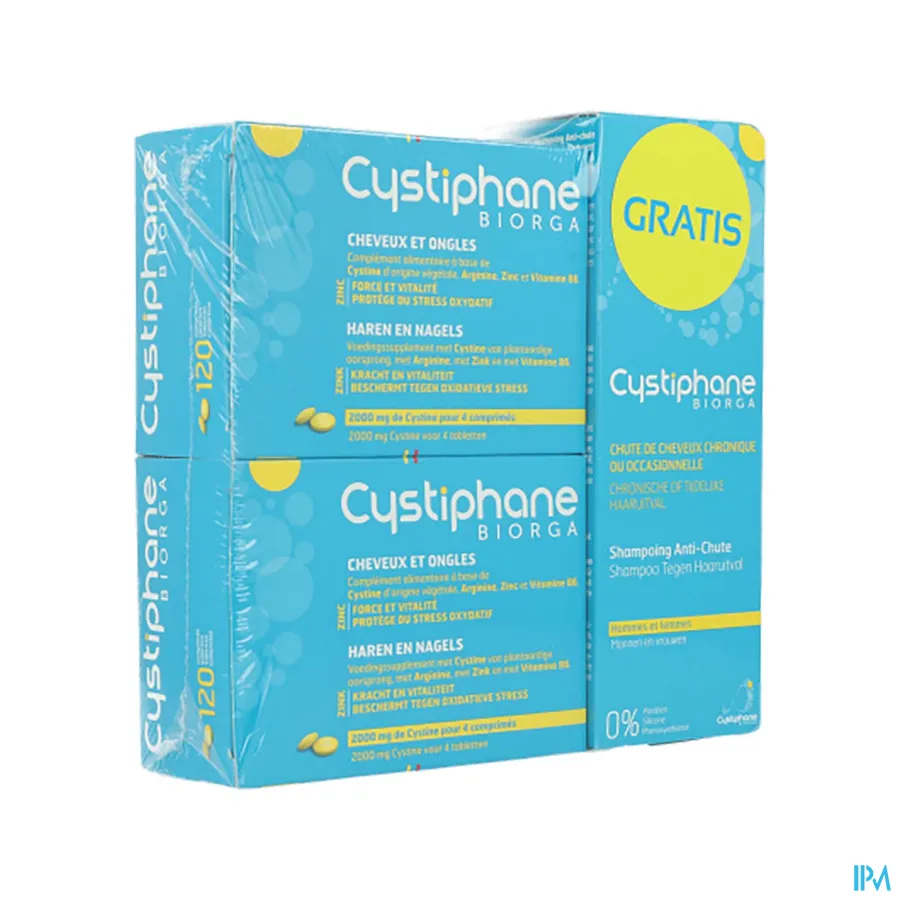 packshot van Cystiphane Biorga voor Haren en Nagels Promoverpakking -Programma van 3 Maanden- 360 Tabletten