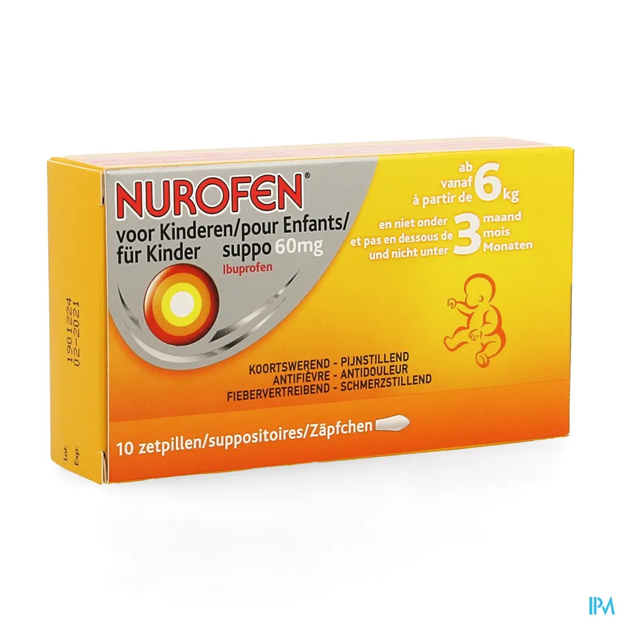 packshot van Nurofen 60 mg Suppo voor Kinderen vanaf 6 kg en Niet Onder 3 Maanden 10 Zetpillen