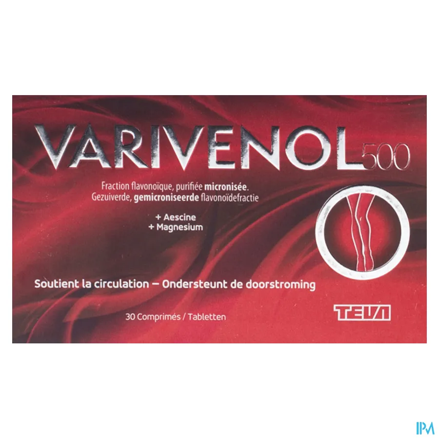 packshot van Varivenol 500 voor Ondersteuning van de Doorstroming 30 Tabletten