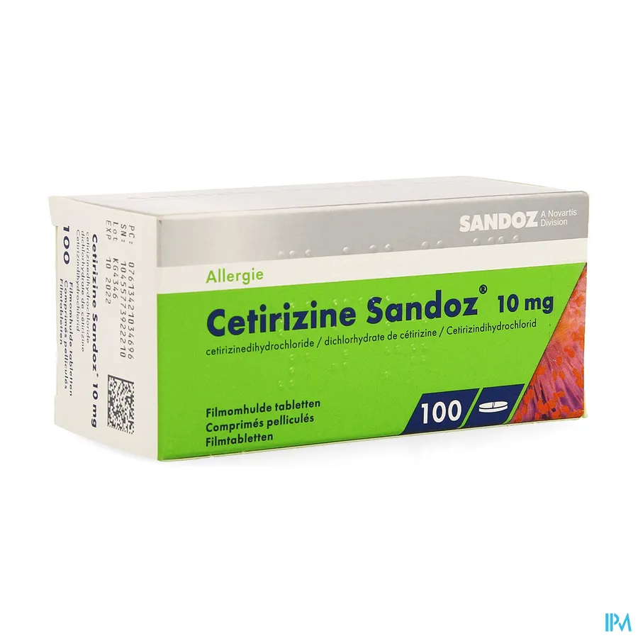 packshot van Cetirizine Sandoz 10 mg 100 tabletten