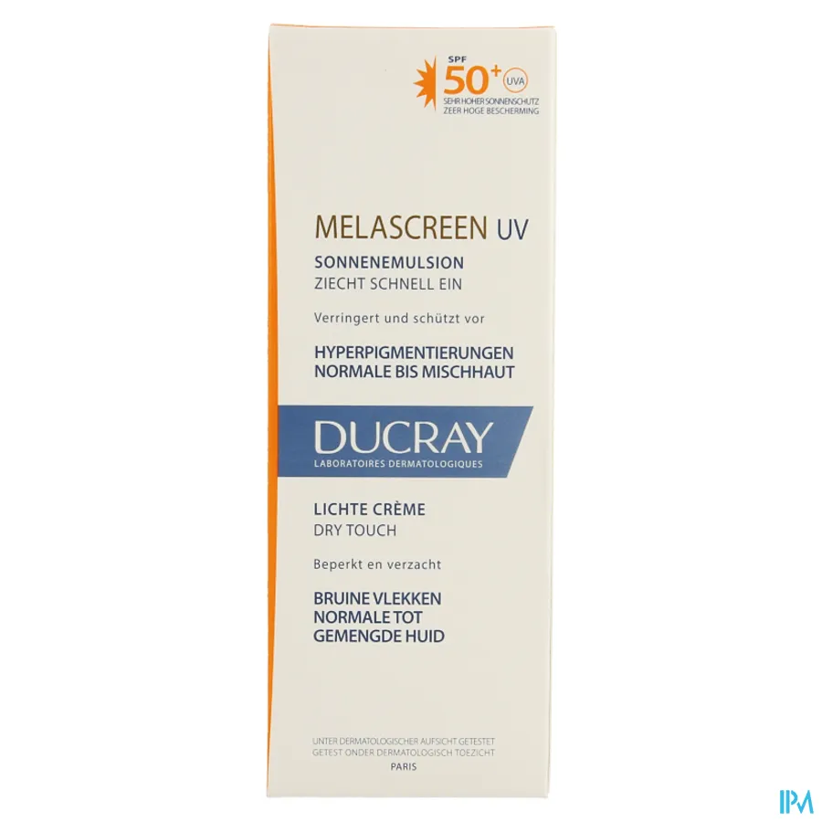 packshot van Ducray Melascreen Lichte Crème met SPF 50+ die Bruine Vlekken Beperkt en Verzacht voor Normale tot Gemengde Huid Pompflacon 40 ml