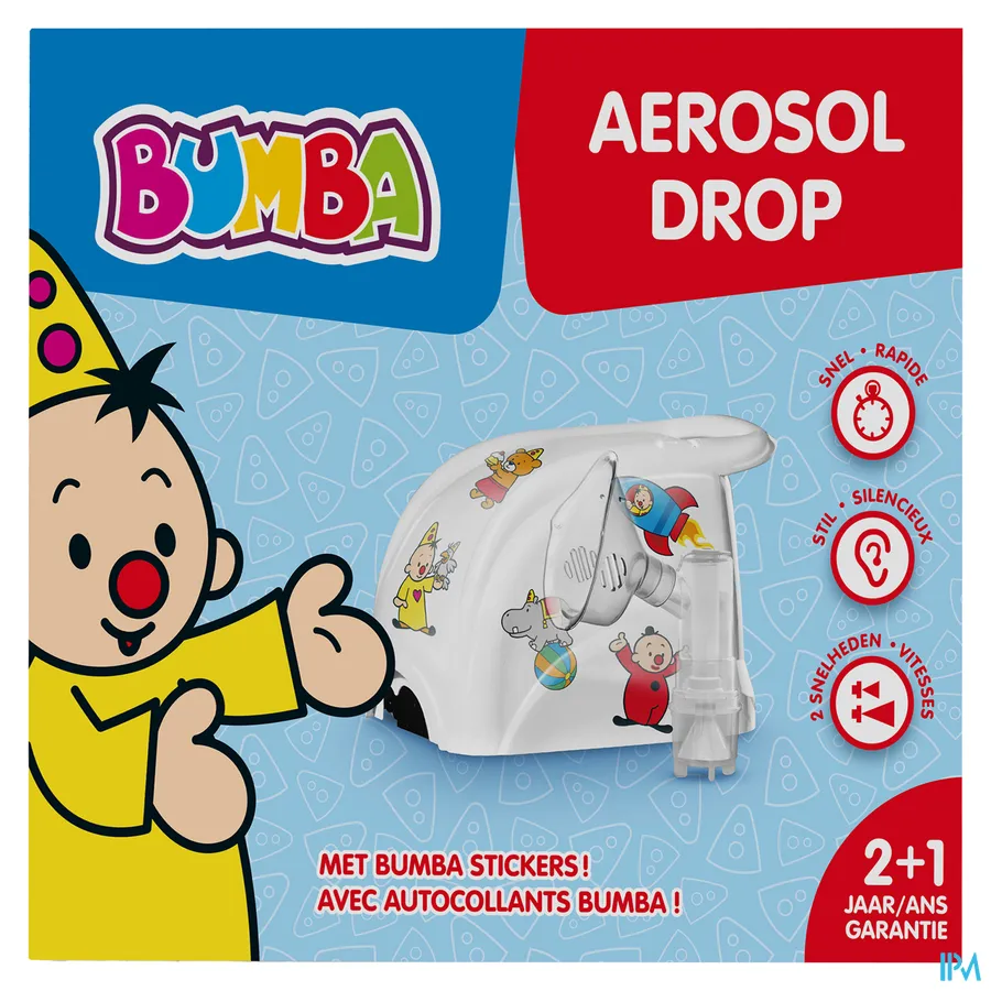 packshot van Bumba Aerosol Drop met Bumba Stickers 1 Aerosoltoestel