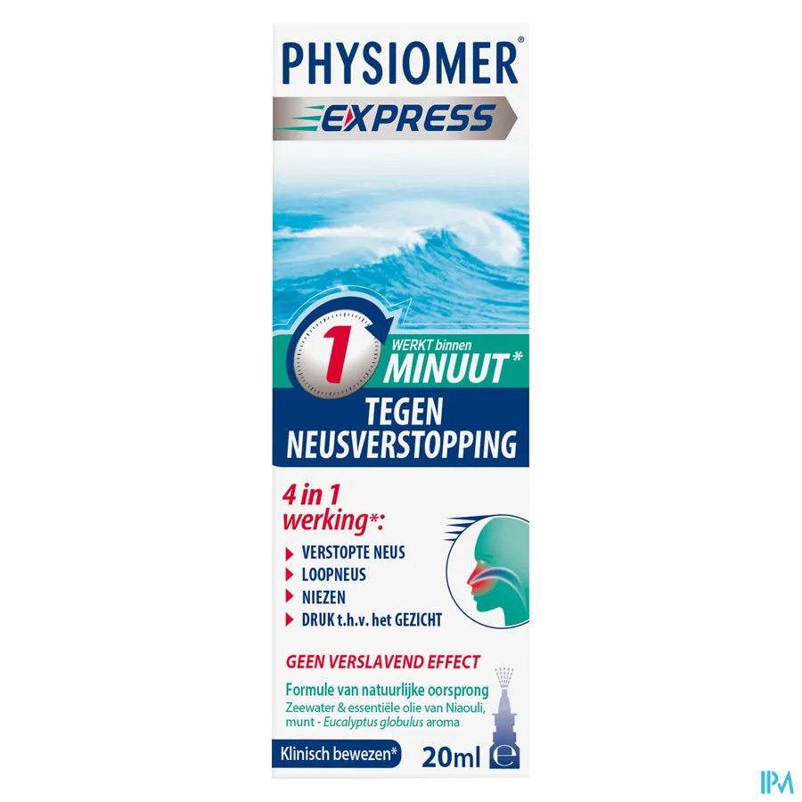 packshot van Physiomer Express tegen Neusverstopping met Hypertonisch Zeewater en Essentiële Oliën Spray 20 ml