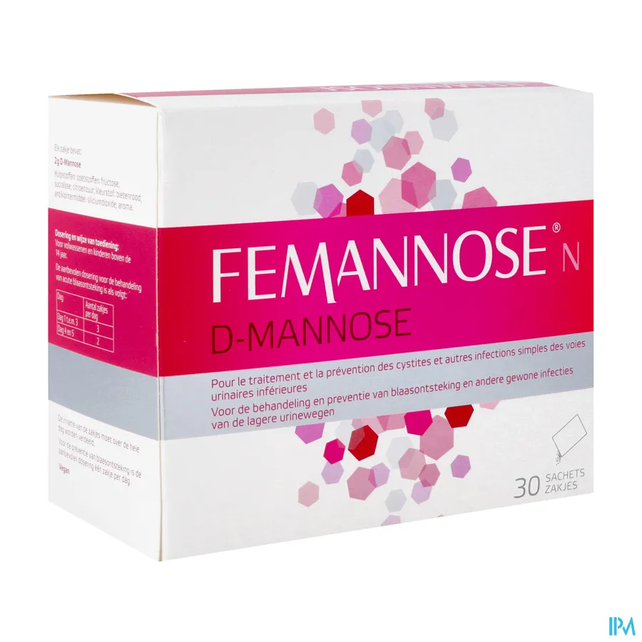 packshot van Femannose voor Behandeling en Preventie van Blaasontsteking en Urineweginfecties 30 Zakjes