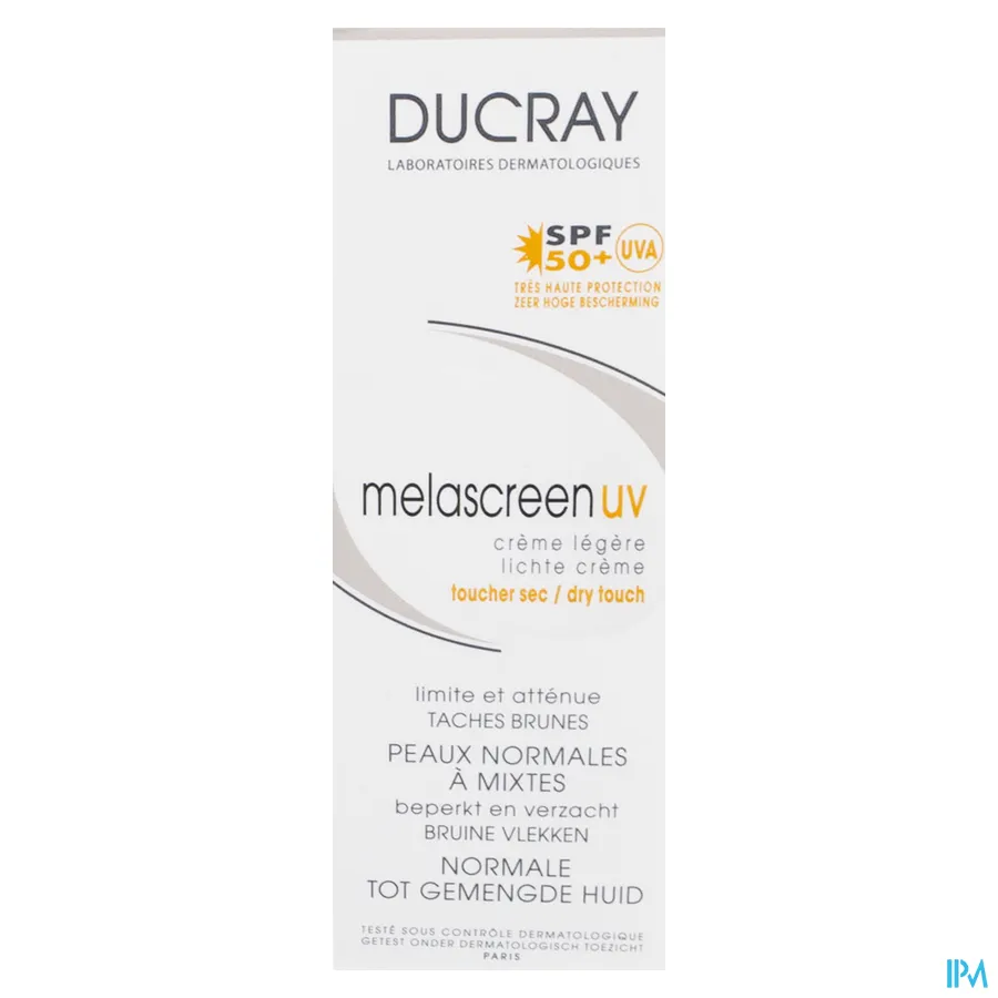 packshot van Ducray Melascreen Lichte Crème met SPF 50+ die Bruine Vlekken Beperkt en Verzacht voor Normale tot Gemengde Huid Pompflacon 40 ml