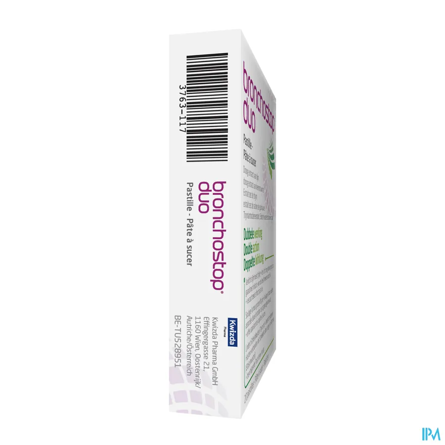 packshot van Bronchostop Duo met Droog Extract van Tijm en Heemstwortel met Dubbele Werking voor Verlichting van Slijmhoest en Droge Hoest 20 Zuigtabletten