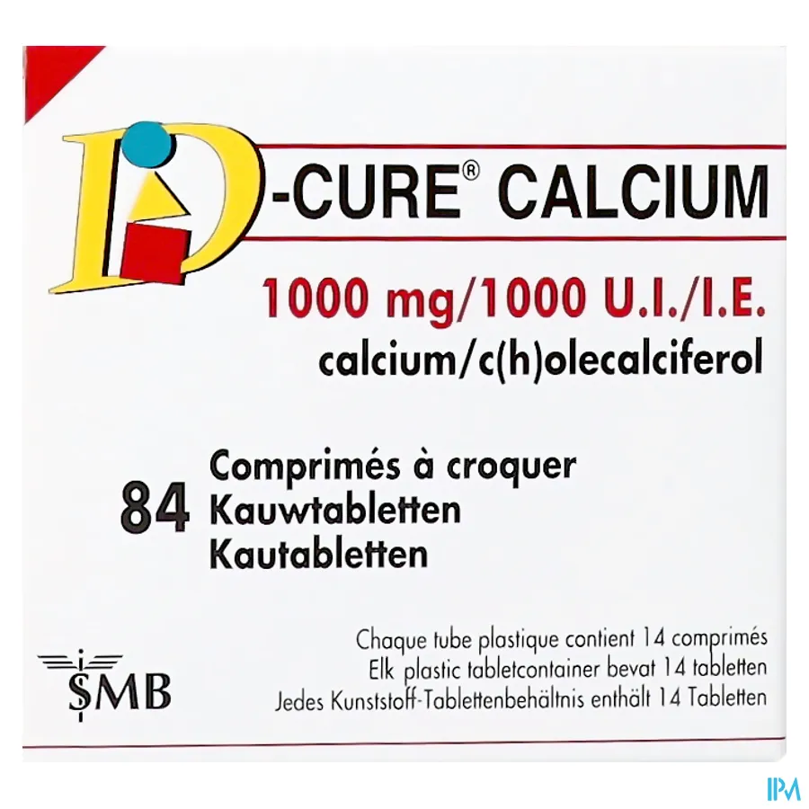 packshot van D-Cure 1000 mg Calcium en 1000 IE Cholecalciferol 84 Kauwtabletten