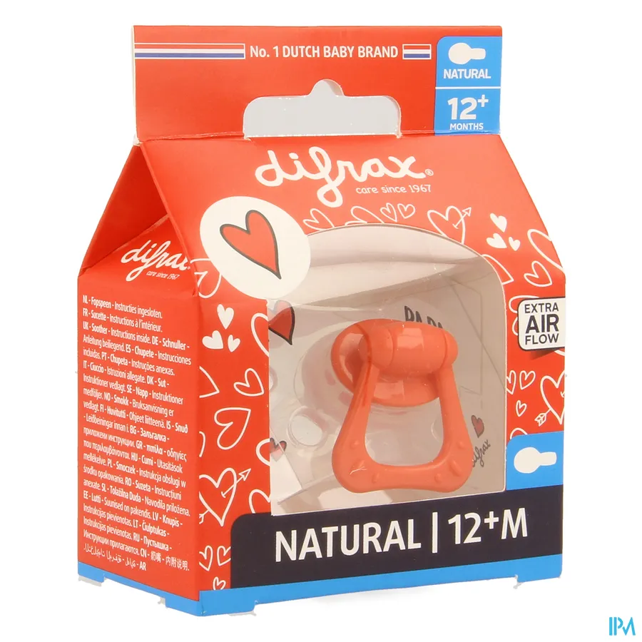 packshot van Difrax Fopspeen Natural I Love Papa/Mama 12+ 1 stuk