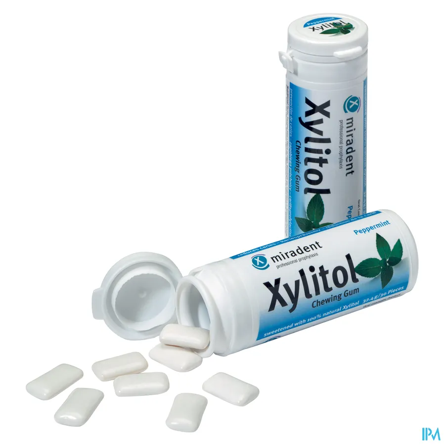 packshot van Miradent Kauwgom Xylitol Pepermunt 30 stuks