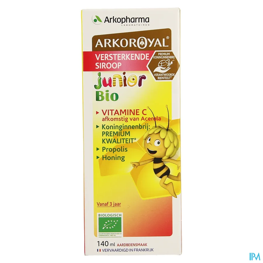 packshot van Arkoroyal Versterkende Bio Siroop voor Kinderen vanaf 3 Jaar met Honing, Vitamine C, Koninginnenbrij en Propolis met Aardbeiensmaak 140 ml