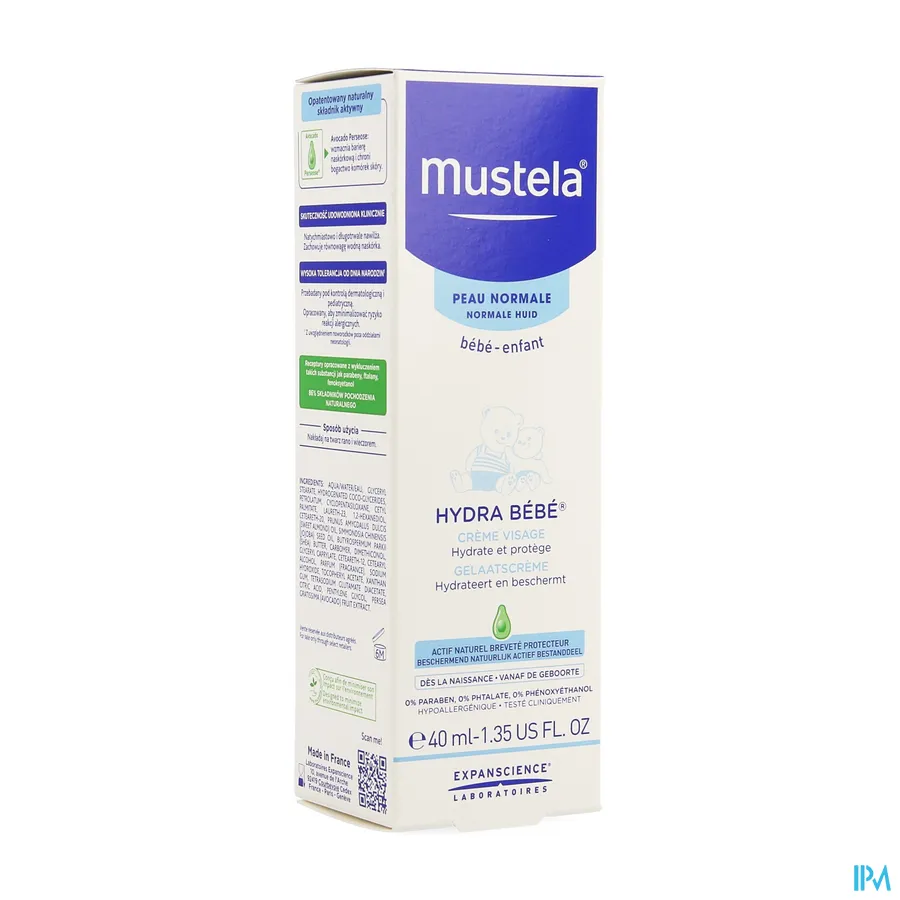 packshot van Mustela Baby en Kind Hydra Bébé Gelaatscrème voor Normale Huid 40 ml
