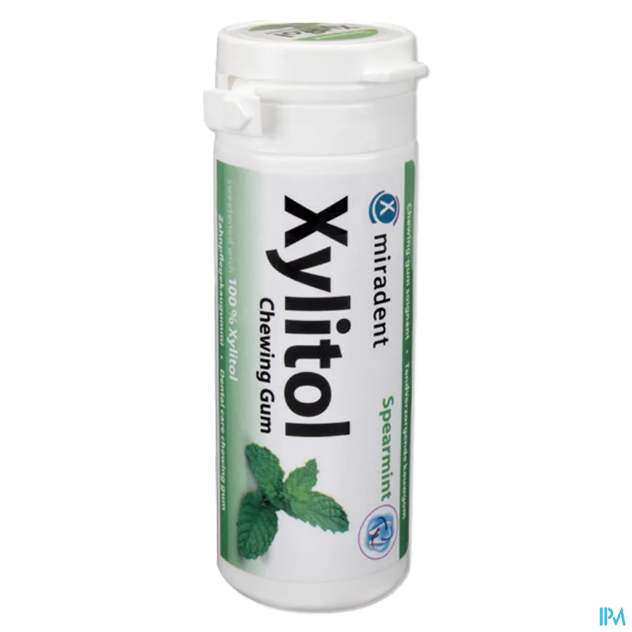 packshot van Miradent Kauwgom Xylitol Groene Munt 30 stuks