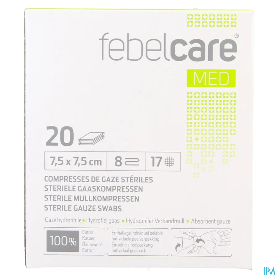 packshot van Febelcare Gaaskompres Steriel 7,5 x 7,5 cm 20 stuks