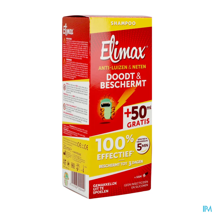 packshot van Elimax 2-in-1 Dodende en Beschermende Anti-Luizen en Anti-Neten Shampoo Zonder Insecticide Promopack 250 ml met Gratis Kam