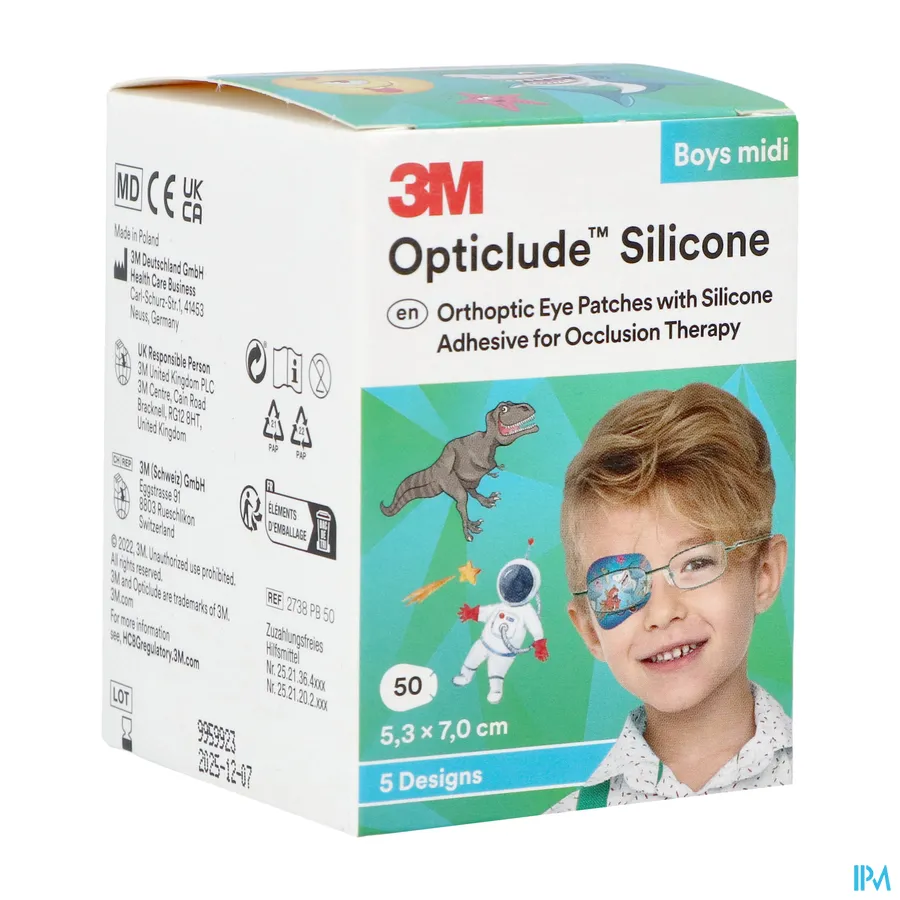 packshot van Opticlude Oogpleister met Silicone Kleeflaag voor Occlusietherapie Jongens Midi (5,3 cm x 7,0 cm) 50 Pleisters