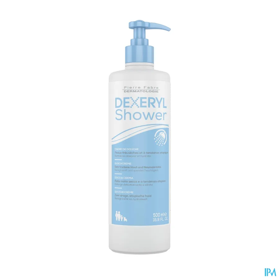 packshot van Dexeryl Shower Douchecrème voor Zeer Droge, Atopische Huid voor Zachte Reiniging en Hydratatie Pompflacon 500 ml