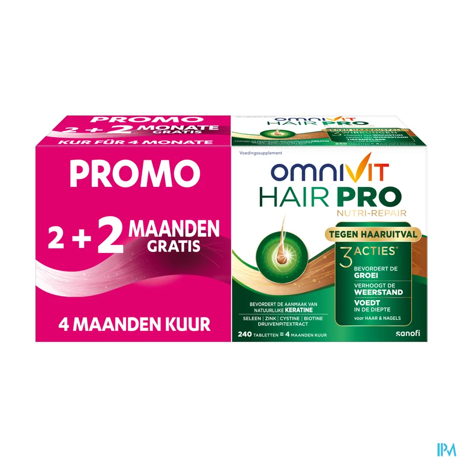 packshot van Omnivit Hair Pro Tegen Haaruitval 240 Tabletten (PROMO 2+2 Maanden Gratis!)
