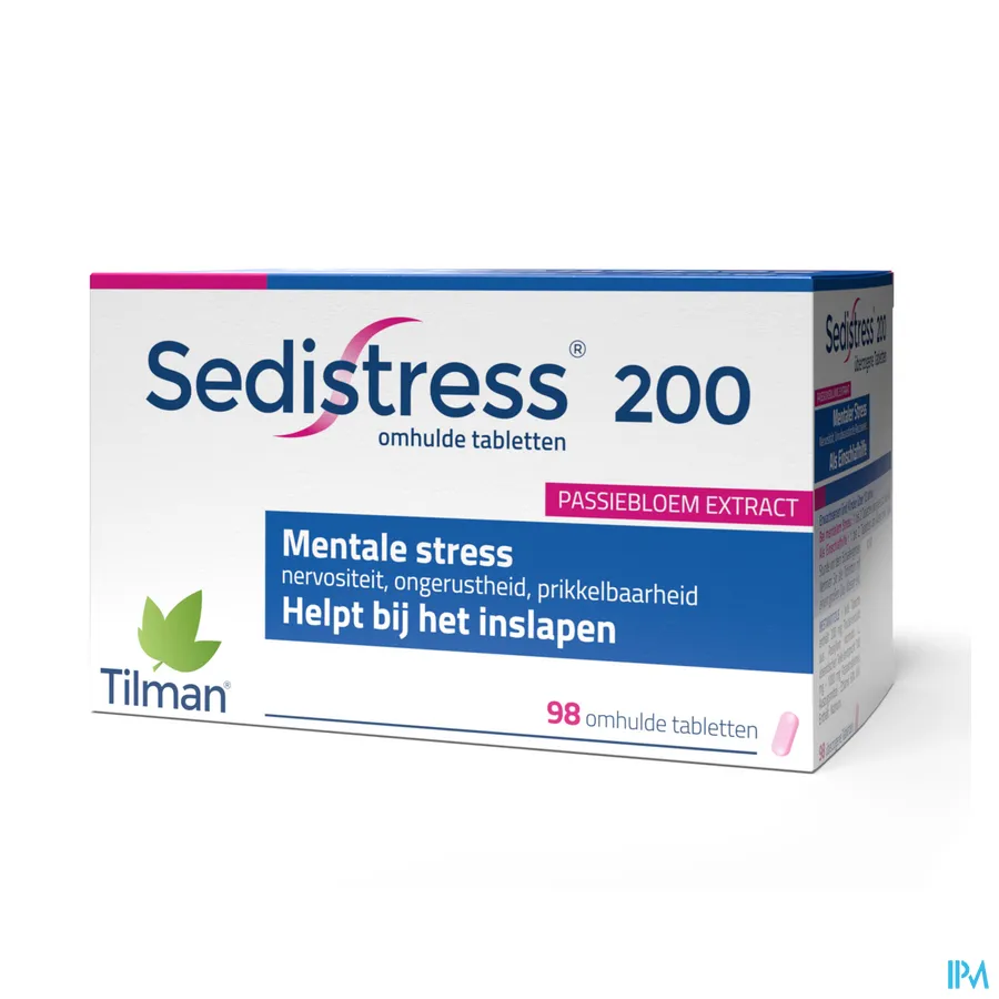 packshot van Sedistress 200 tegen Mentale Stress en Helpt bij Inslapen met Passiebloemextract 98 Tabletten
