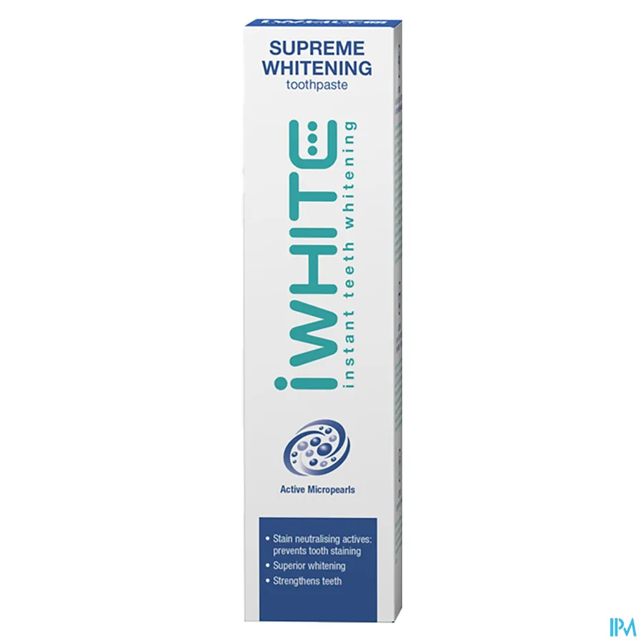 packshot van I White Supreme Whitening Tandpasta met Actieve Mircroparels met Vlek Neutraliserende Actieve Stoffen ter Preventie van Vlekvorming op de Tanden Tube 75 ml