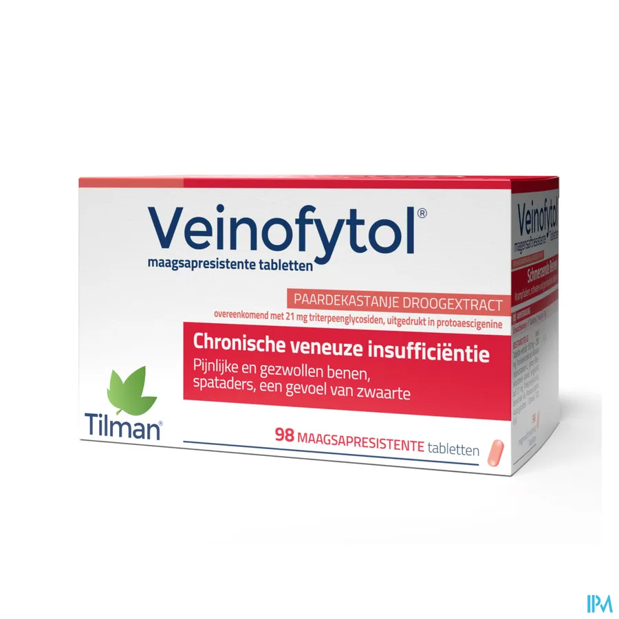 packshot van Veinofytol tegen Spataders en Zware en Gezwollen Benen met Paardekastanje Droogextract 98 Tabletten