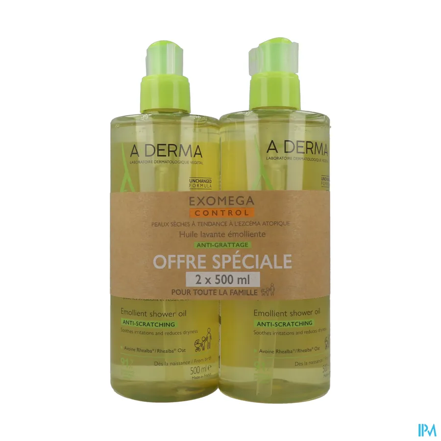packshot van Aderma Exomega Control Olie Promo -50% 2 x 500 ml