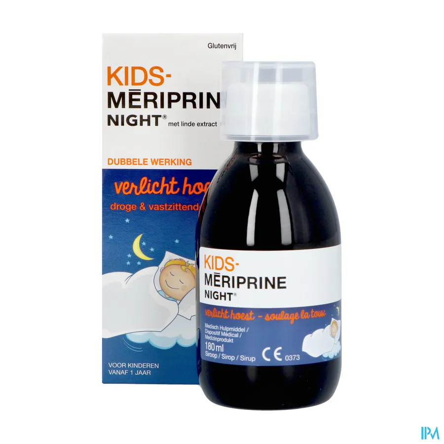 packshot van Kids Mériprine Night Siroop voor Droge en Vastzittende Hoest voor Kinderen vanaf 1 Jaar met Linde Extract 180 ml