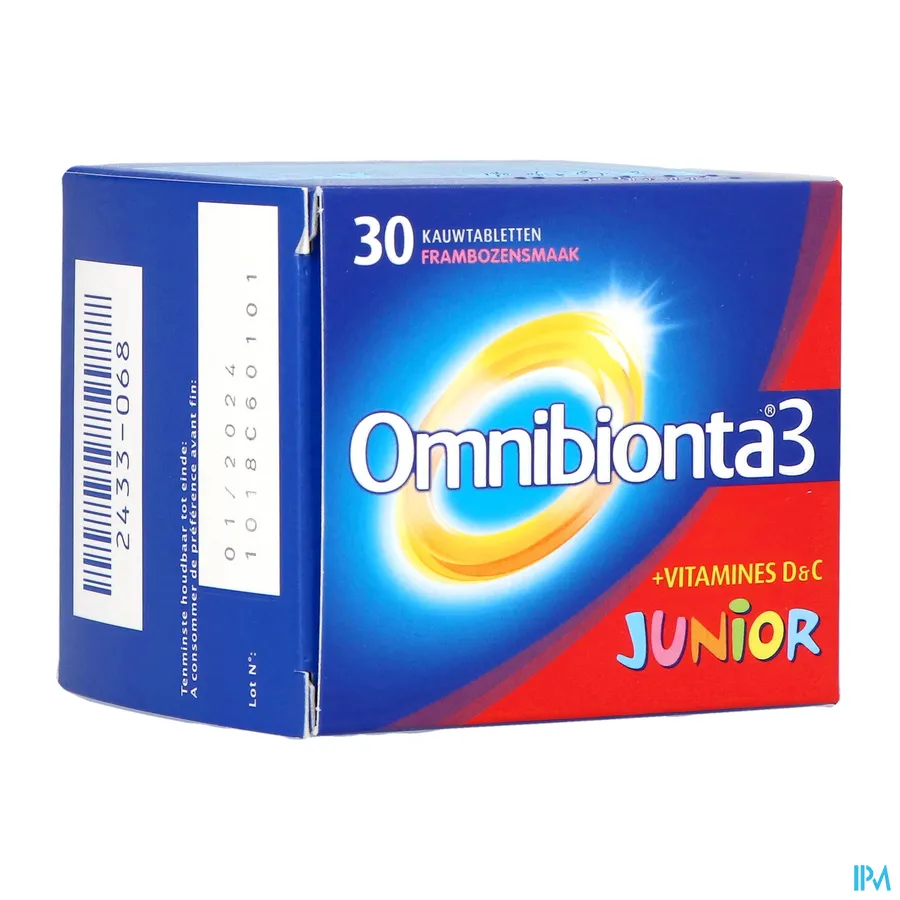 packshot van Omnibionta 3 Junior Vitamines en Mineralen met Frambozensmaak 30 Tabletten