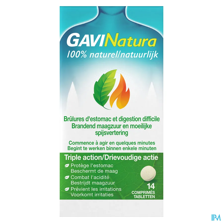 packshot van GaviNatura 100% Natuurlijk met Drievoudige Actie bij Brandend Maagzuur en Moeilijke Spijsvertering 14 Tabletten