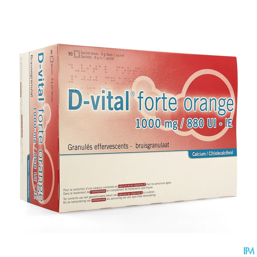 packshot van D Vital Forte 1000 mg Calcium en 880 IE Vitamine D3 Bruisgranulaat met Sinaasappelsmaak 90 Zakjes