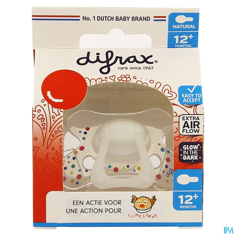 packshot van Difrax Fopspeen Natural 12m+ Cliniclowns