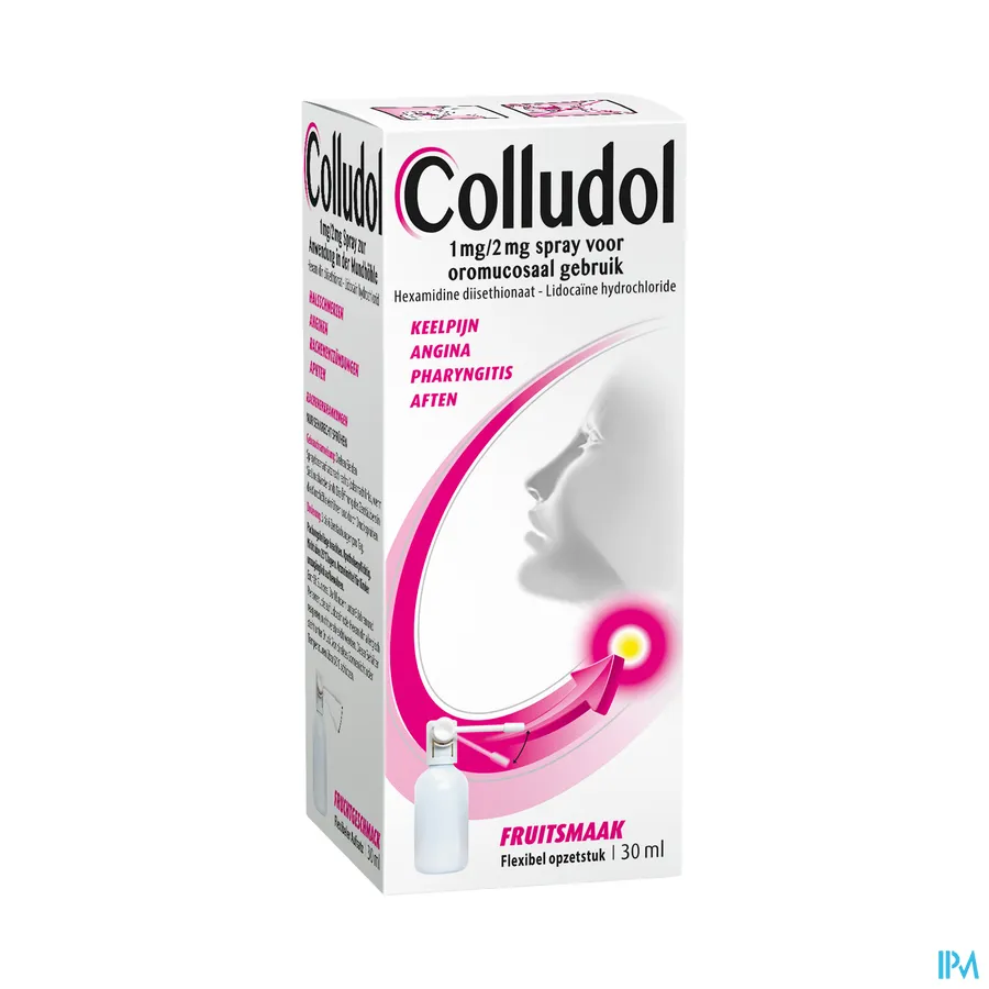 packshot van Colludol Spray voor Oromucosaal Gebruik met Fruitsmaak bij Keelpijn, Angina, Pharyngitis en Aften 30 ml
