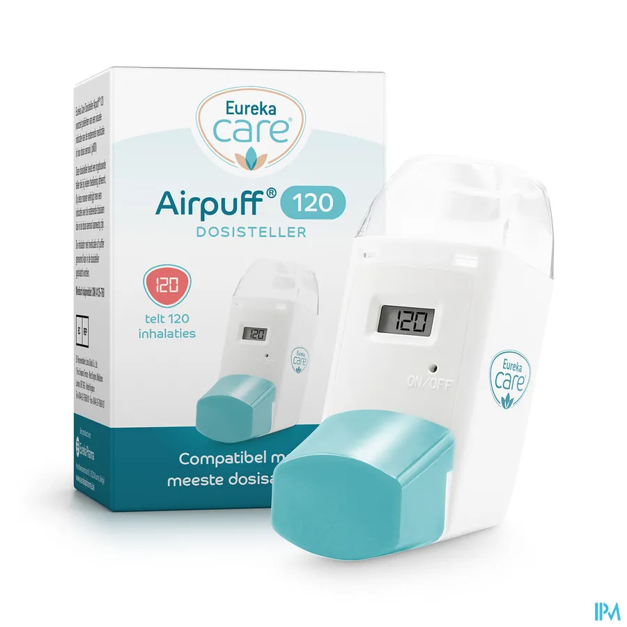 packshot van Eureka Care Airpuff 120 Dosisteller -Telt 120 Inhalaties- Compatibel met de Meeste Dosisaerosols